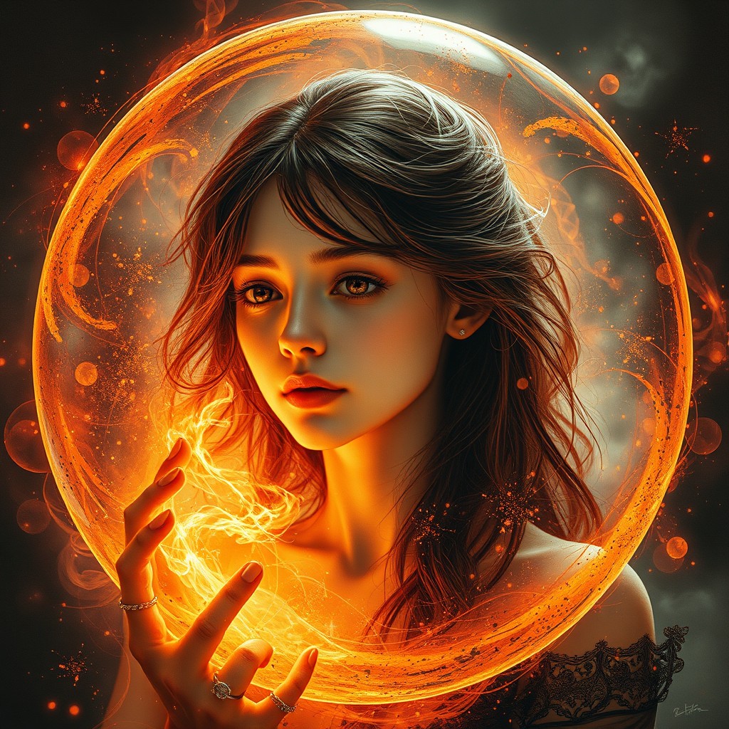 A captivating image of a 16-year-old woman enclosed within a magical sphere, surrounded by enchanting elements of orange, red, and black magic swirling around her