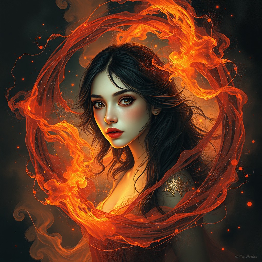 A mesmerizing depiction of a 16-year-old woman enclosed within a magical sphere, surrounded by swirling elements of orange, red, and black magic