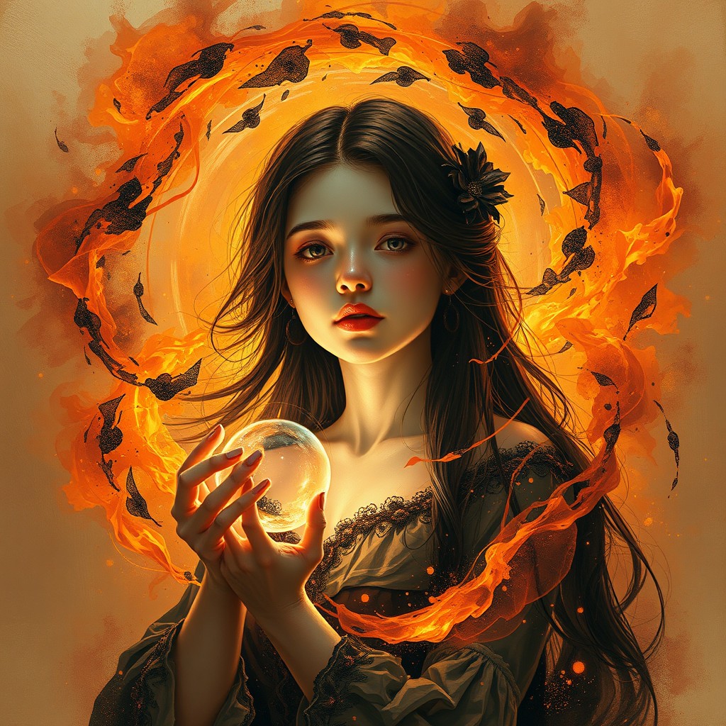 A stunning depiction of a 16-year-old woman immersed within a magical sphere, surrounded by swirling elements of enchanting orange, red, and black magic