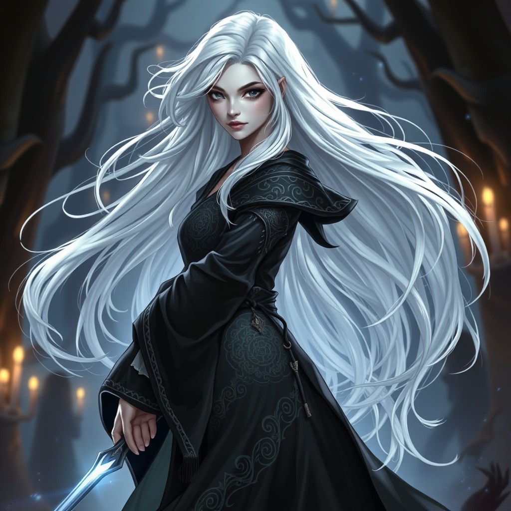 A female Shadar-Kai Bladesinger with flowing white hair and ashen skin, clad in an elegant black robe that enhances her mystical aura
