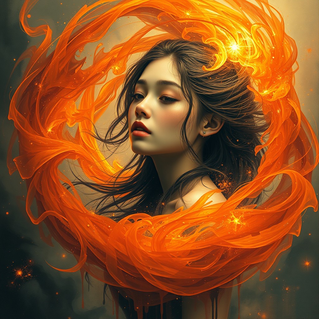 A visually stunning portrayal of a 16-year-old woman enclosed within a magical sphere, encircled by dynamic swirls of orange, red, and black magic