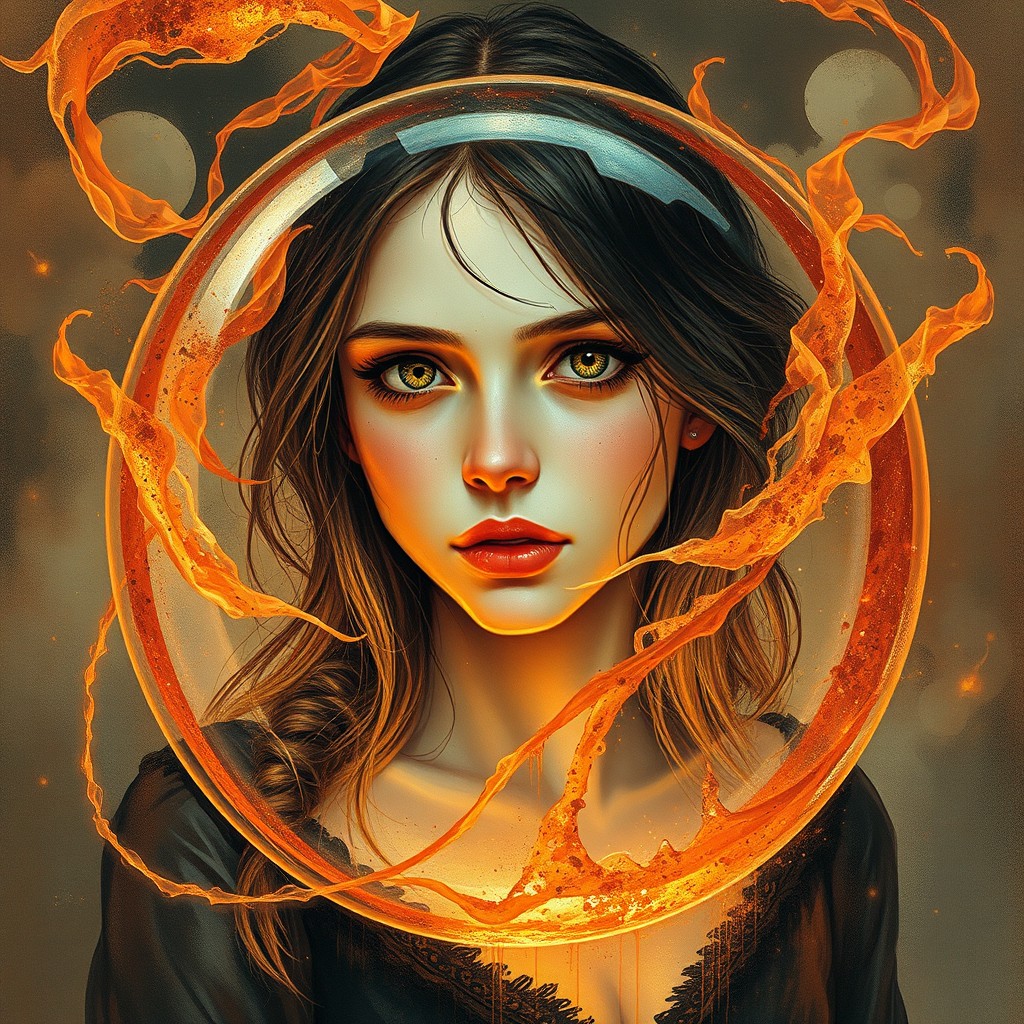 A captivating portrayal of a 16-year-old French woman enclosed within a magical sphere, surrounded by swirling magical elements of orange, red, and black