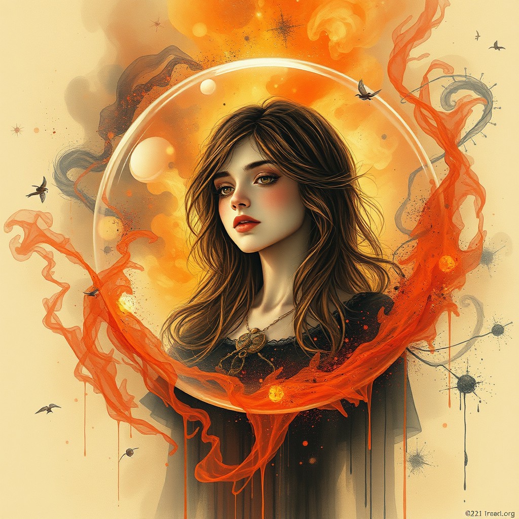 A mesmerizing illustration of a 16-year-old French woman encapsulated within a magical sphere, surrounded by enchanting flows of orange, red, and black magic