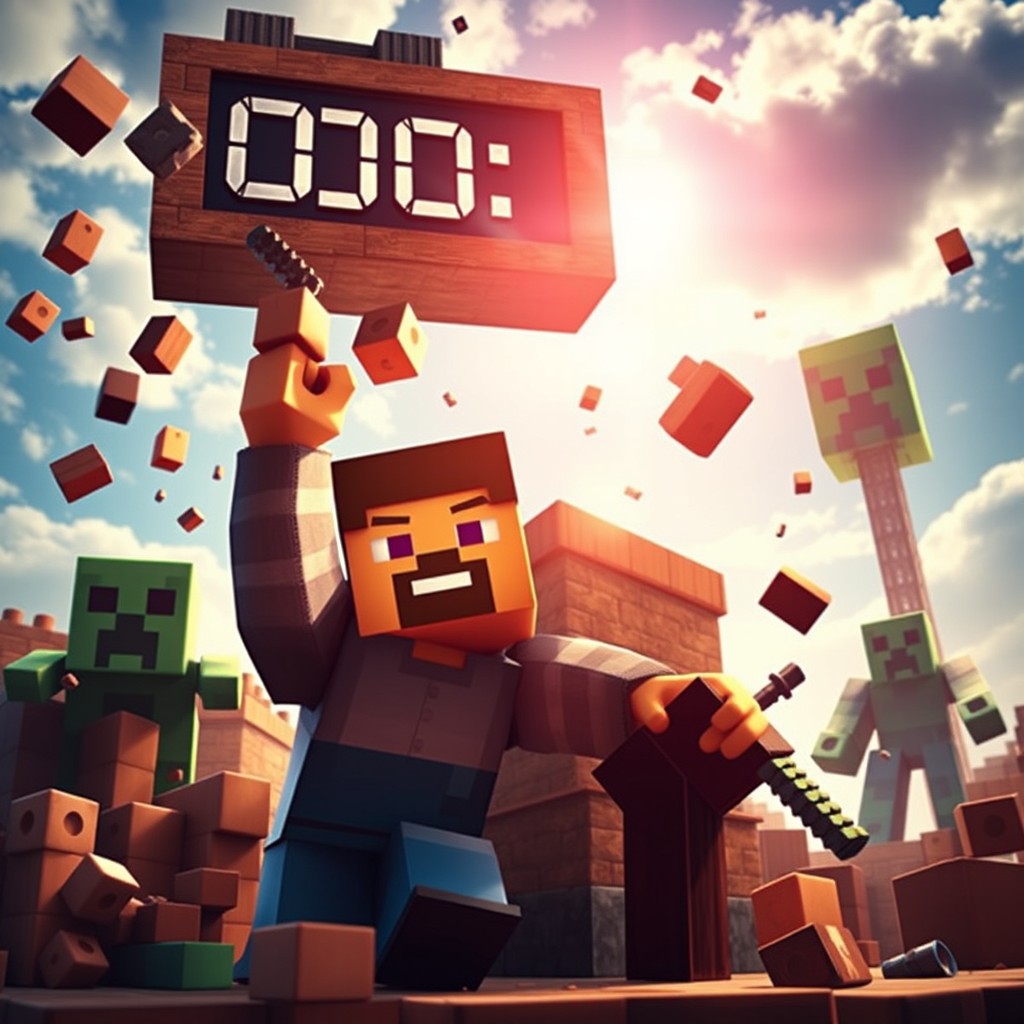 A dramatic and colorful Minecraft-inspired YouTube thumbnail featuring a character resembling Steve building a small house in a hurry, showing an urgent expression