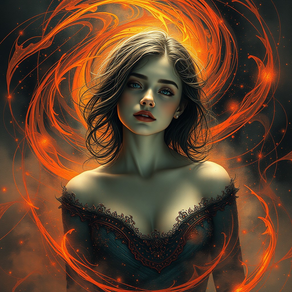 A breathtaking depiction of a 16-year-old French woman situated in a magical sphere, enveloped in magnificent swirling patterns of orange, red, and black magic