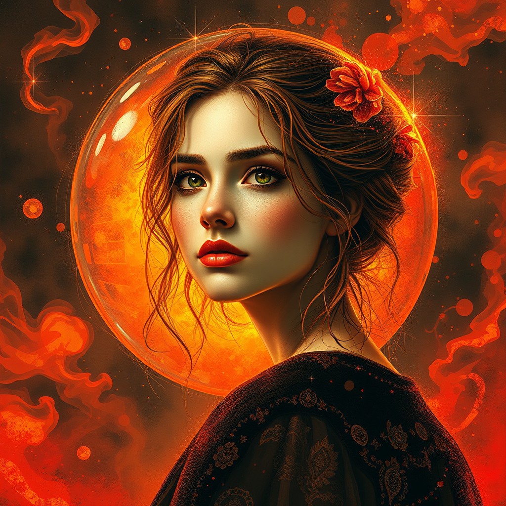 A stunning depiction of a 16-year-old French woman within a magical sphere, surrounded by vibrant magic in shades of orange, red, and black