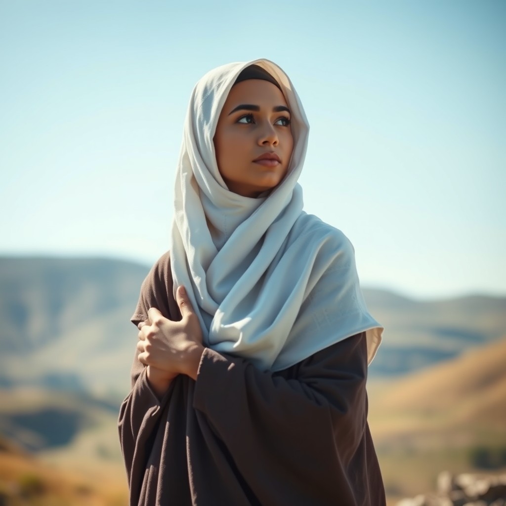 A serene and respectful depiction of a Middle-Eastern woman dressed in a traditional Ihram garment, capturing the essence of spiritual devotion