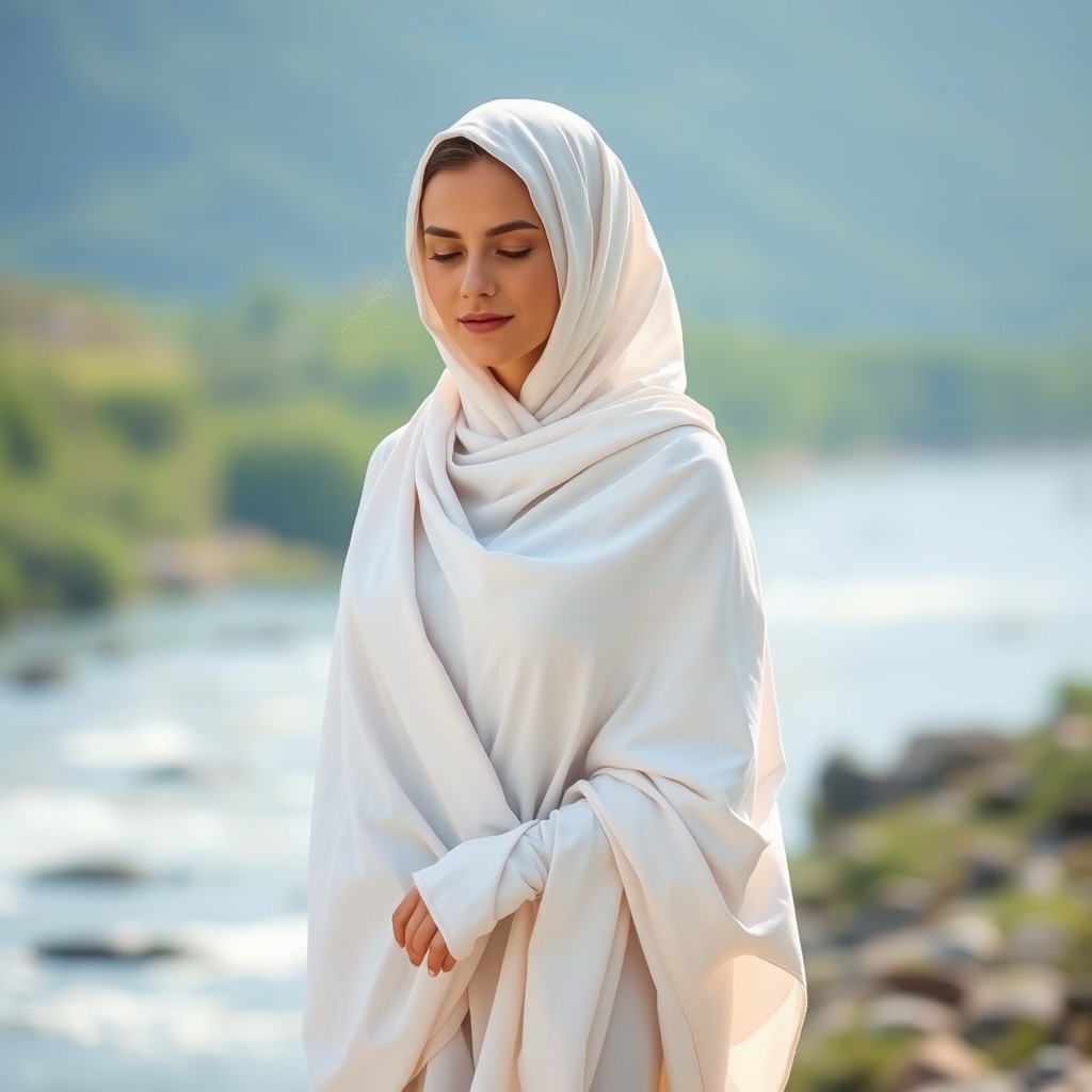 A beautiful, serene image of a woman wearing a traditional Ihram garment, symbolizing spirituality and devotion