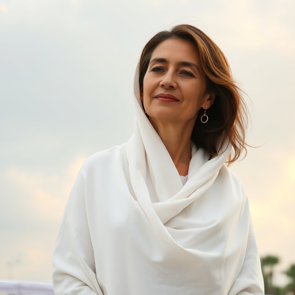 A beautiful middle-aged woman wearing a traditional Ihram dress, standing gracefully in a serene setting, with a peaceful expression on her face