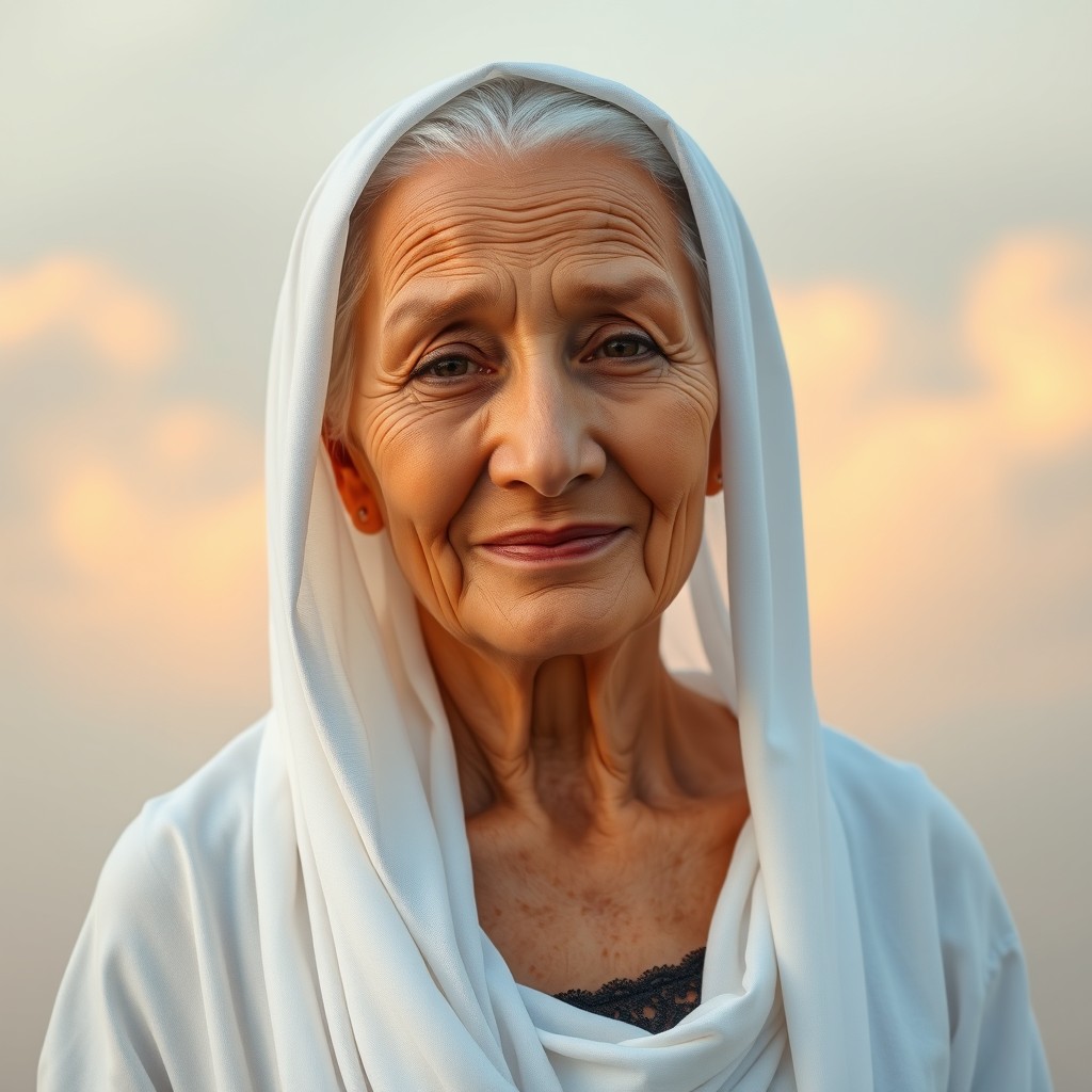 A beautiful elderly woman wearing a traditional Ihram attire, which includes a simple white garment that is draped elegantly