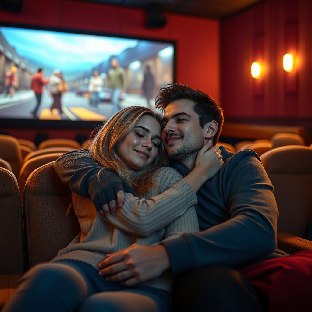 A romantic scene set in a cozy cinema, featuring a blonde girlfriend lovingly hugging her boyfriend