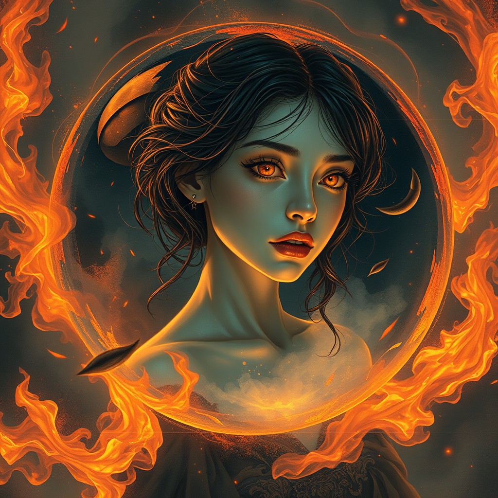 An enchanting depiction of a 16-year-old French woman trapped within a magical sphere, surrounded by mesmerizing swirls of orange, red, and black magic