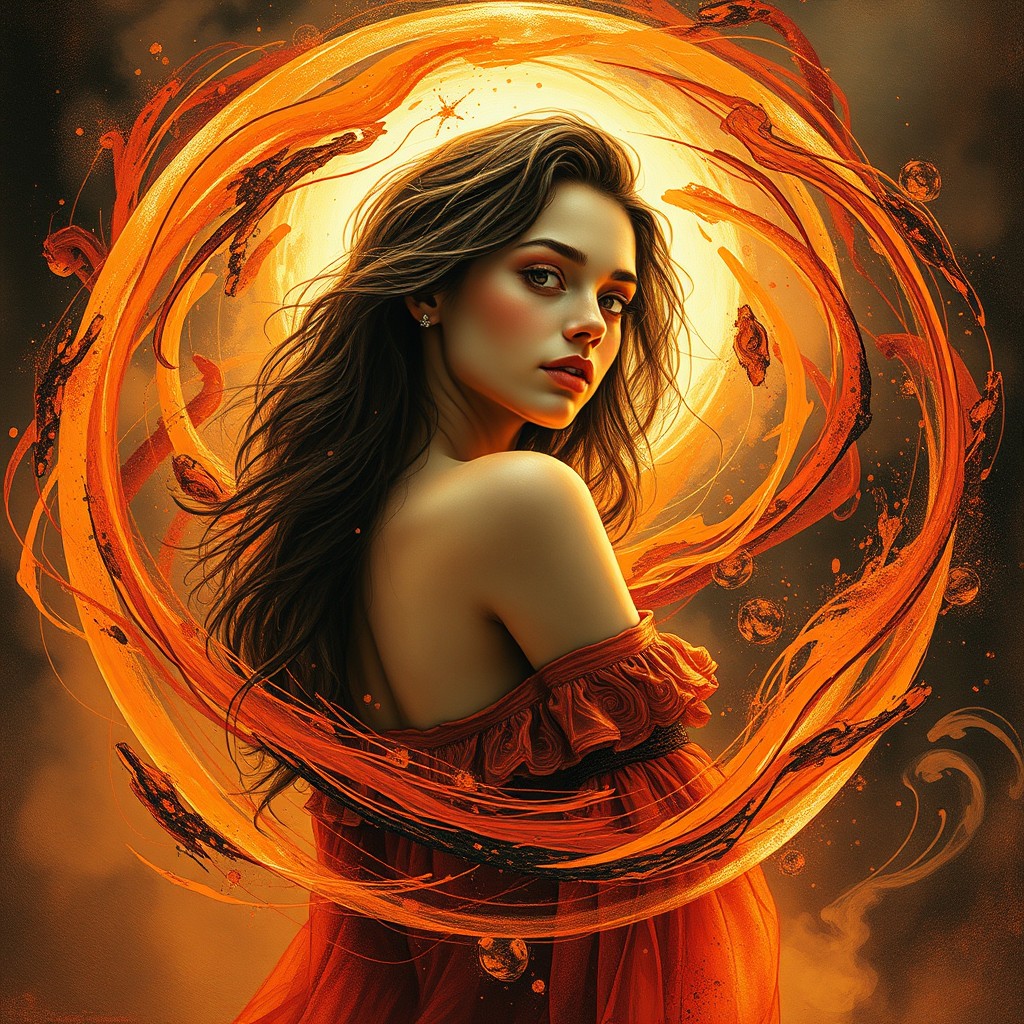 A captivating portrayal of a 16-year-old French woman elegantly positioned inside a magical sphere, enveloped by dynamic swirls of orange, red, and black magic