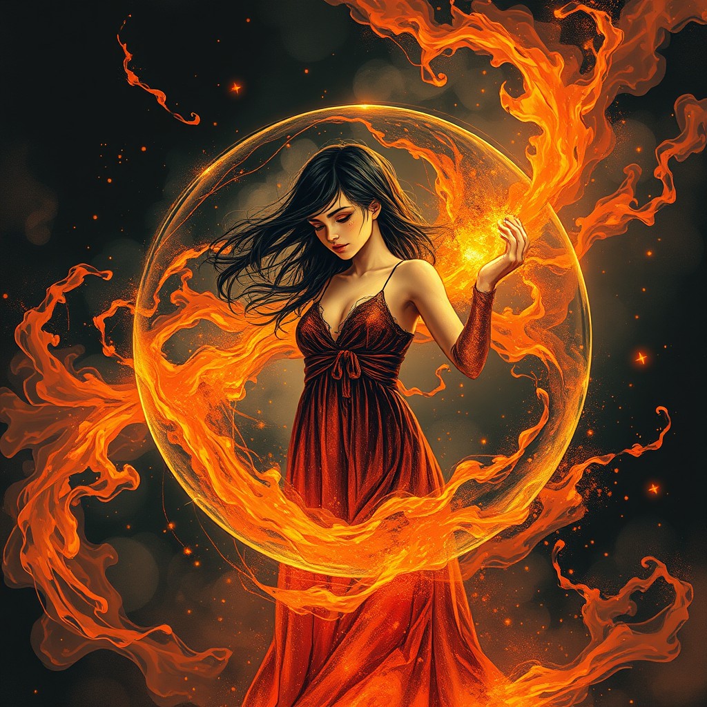 A mesmerizing illustration of a 16-year-old French woman gracefully encased within a magical sphere, surrounded by dynamic swirls of orange, red, and black magic
