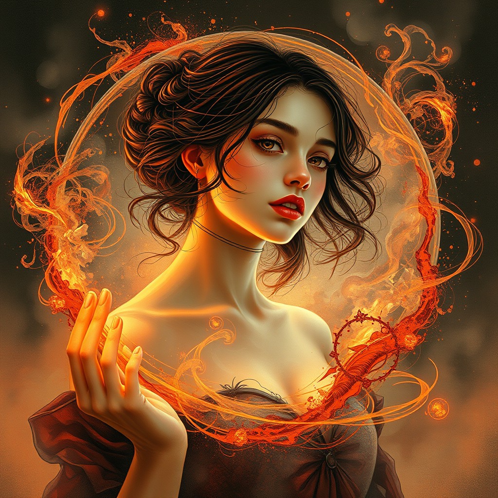 A stunning illustration of a 16-year-old French woman elegantly encased within a magical sphere, enveloped in swirling magic of orange, red, and black hues