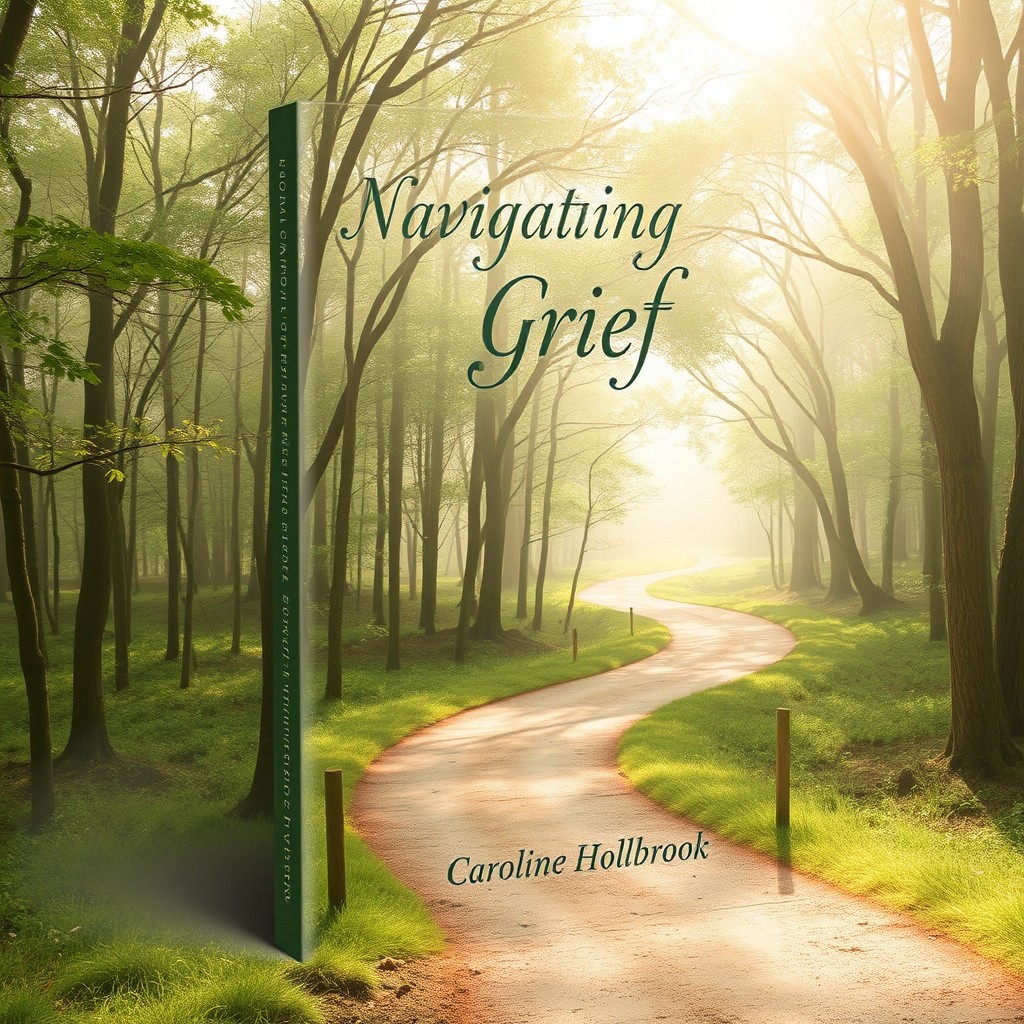 A visually captivating book cover for 'Navigating Grief' by Caroline Holbrook, featuring a serene landscape that symbolizes healing and hope