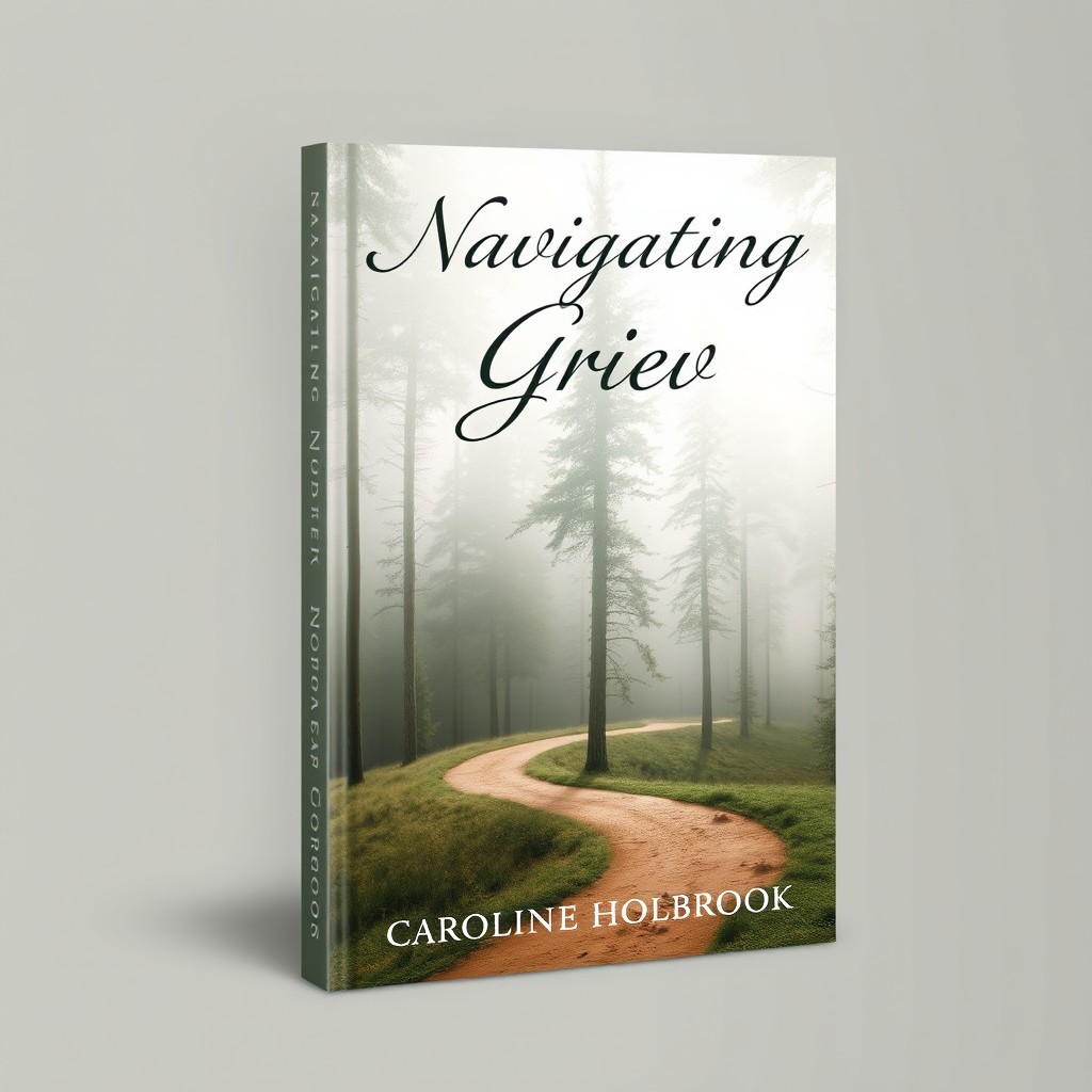 A serene and contemplative book cover design for the title 'Navigating Grief' by Caroline Holbrook, featuring a tranquil landscape with soft, muted colors