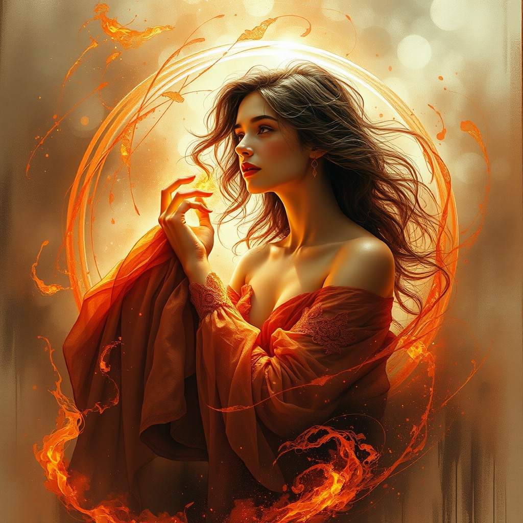 An enchanting depiction of a 16-year-old French woman gracefully situated within a magical sphere, surrounded by swirling magic in vibrant orange, red, and black tones