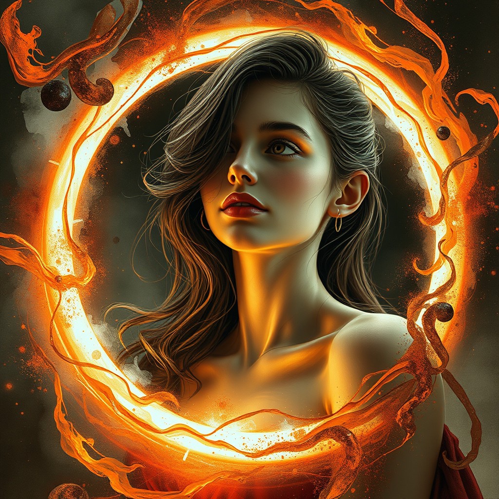 An enchanting portrayal of a 16-year-old French woman elegantly situated within a magical sphere, surrounded by captivating swirls of orange, red, and black magic