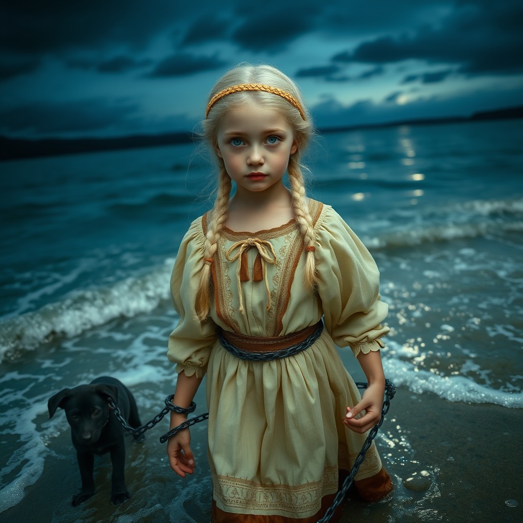At midnight, by the lakeshore, a girl with light hair dressed in Slavic clothing