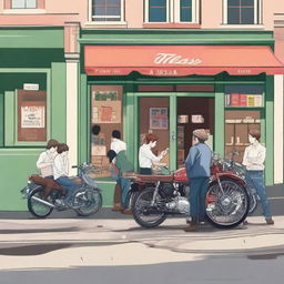 A group of friends chatting in front of a quaint tea shop, with a motorbike parked nearby