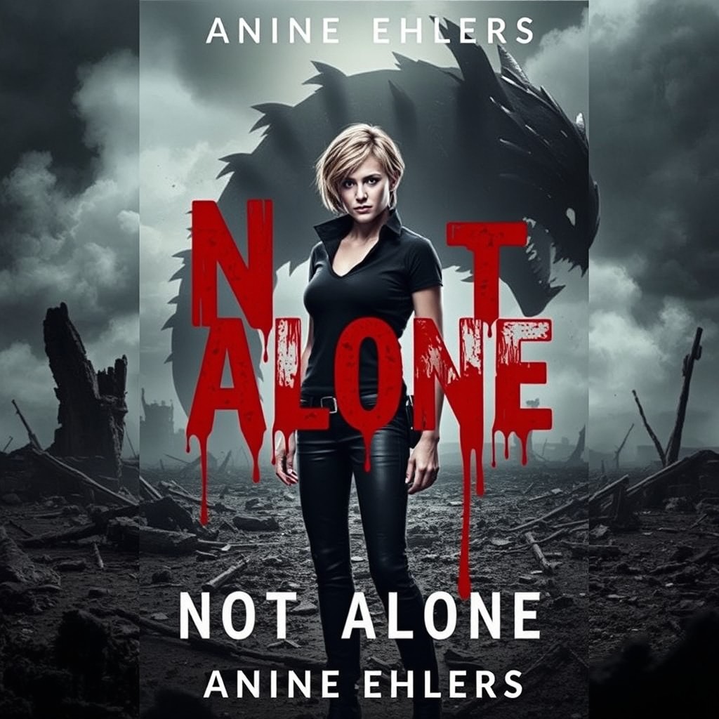 A gripping book cover for 'Not Alone' by Anine Ehlers, set in a post-apocalyptic world