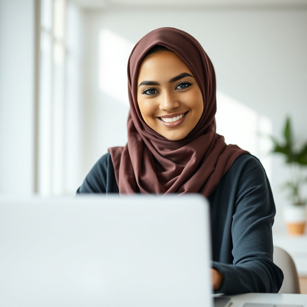A professional headshot of a young woman with a cute face wearing a stylish hijab, focused on her laptop while looking pleasantly confident