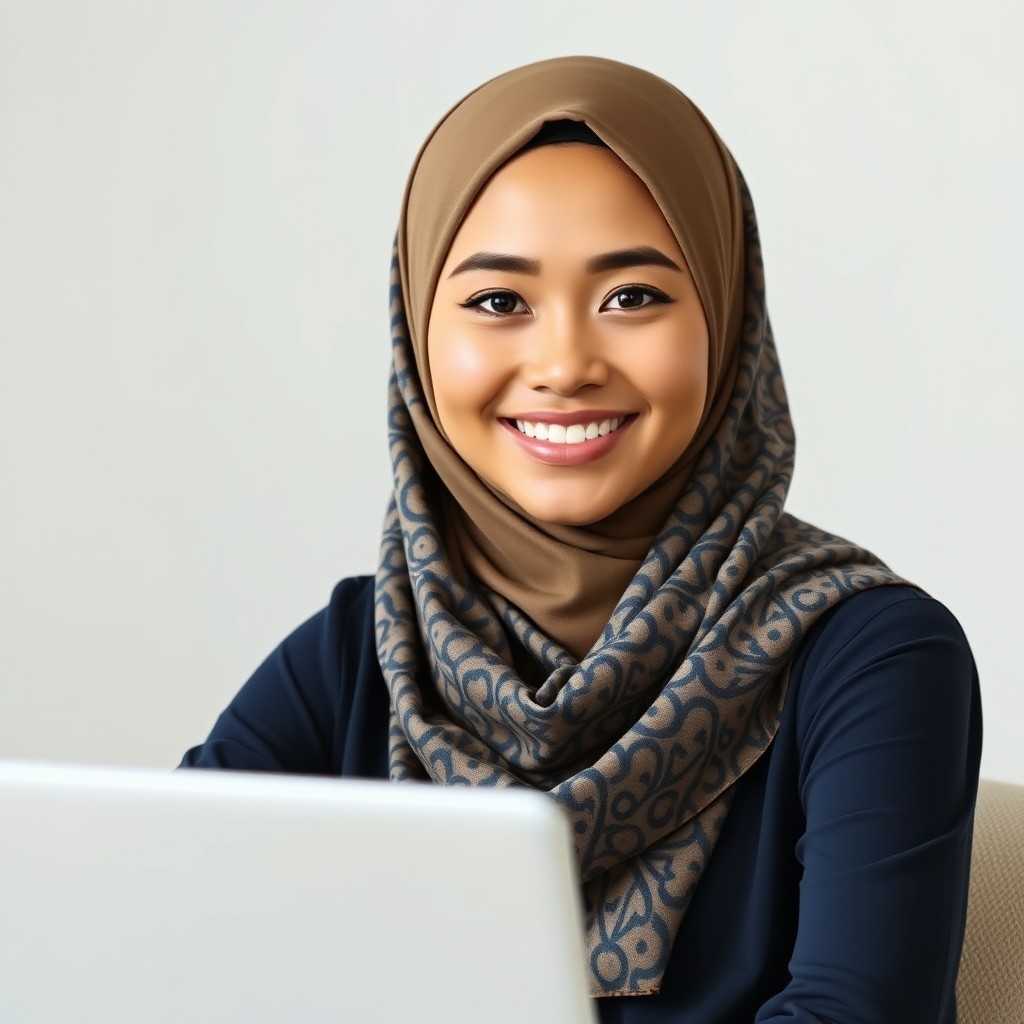A professional headshot of a young woman with a cute face wearing a stylish hijab, sitting with a laptop in front of her