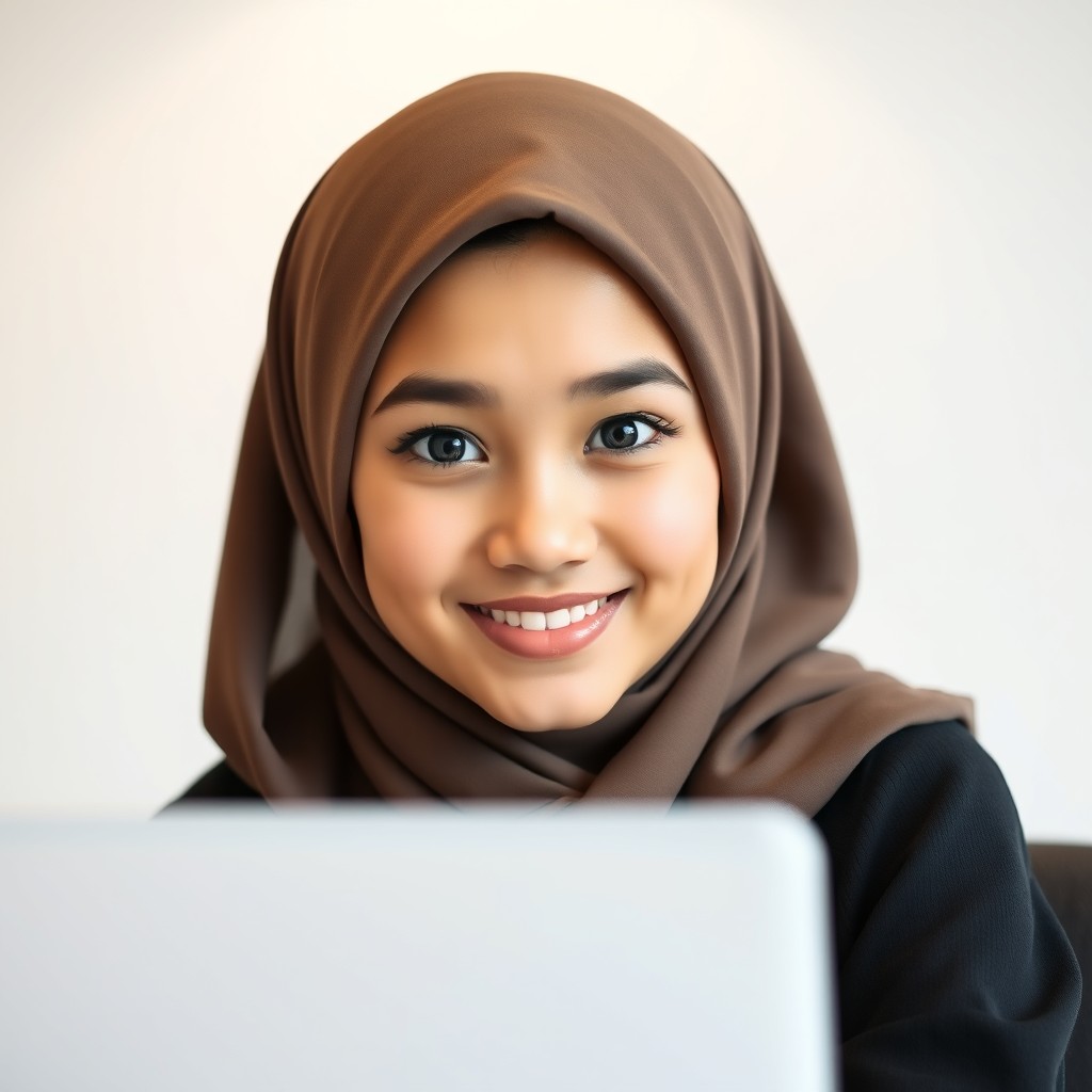 A professional headshot of a girl with a cute face, wearing a stylish hijab, sitting at a desk with a laptop open in front of her
