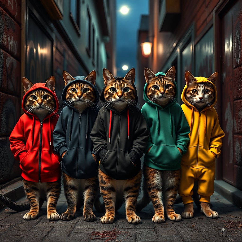 Five stylish cats dressed in trendy hoodies, exuding a mafia vibe