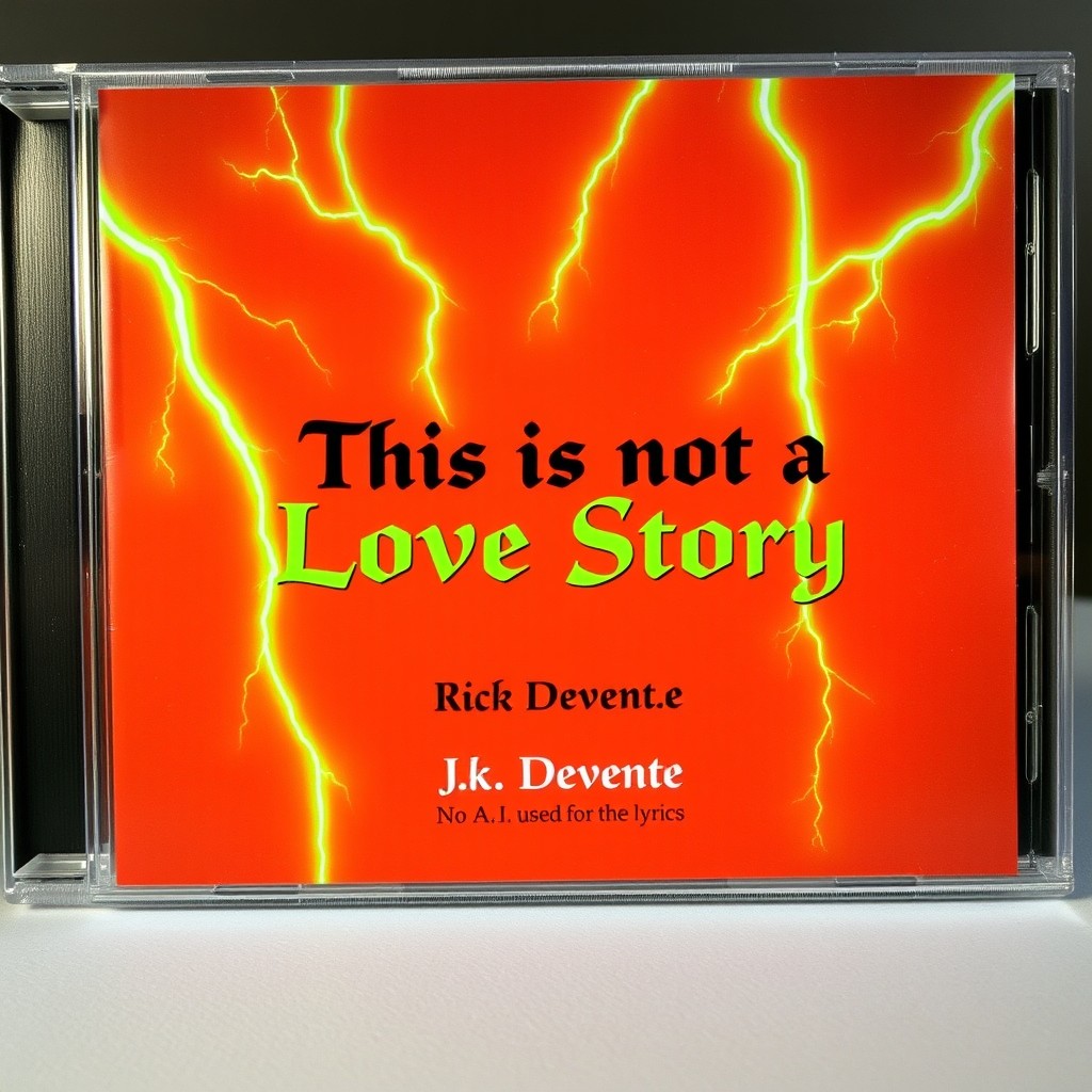 A CD album cover titled 'This is not a Love Story', featuring a striking dark orange background illuminated by multiple vibrant green lightning strikes