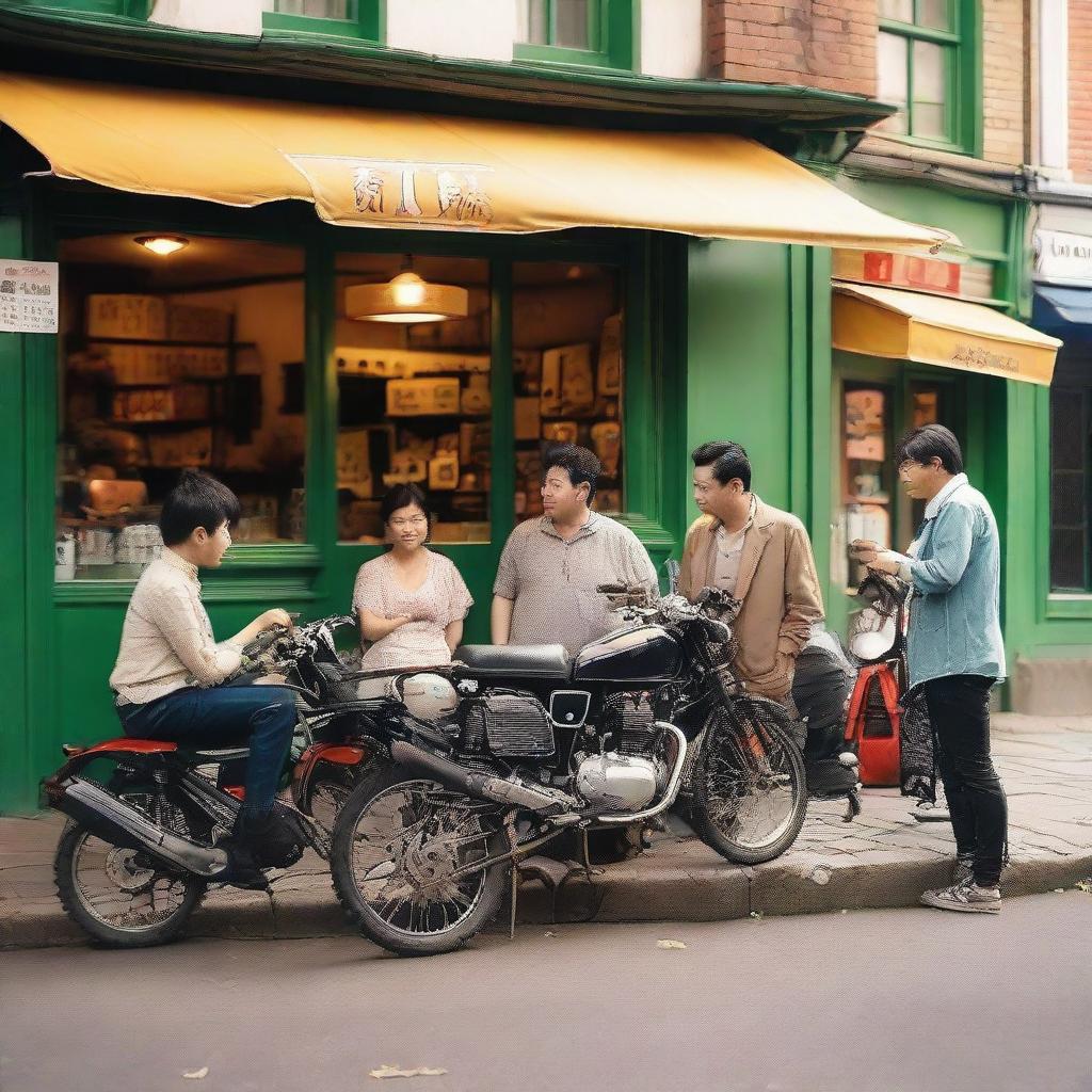 A group of friends chatting in front of a quaint tea shop, with a motorbike parked nearby