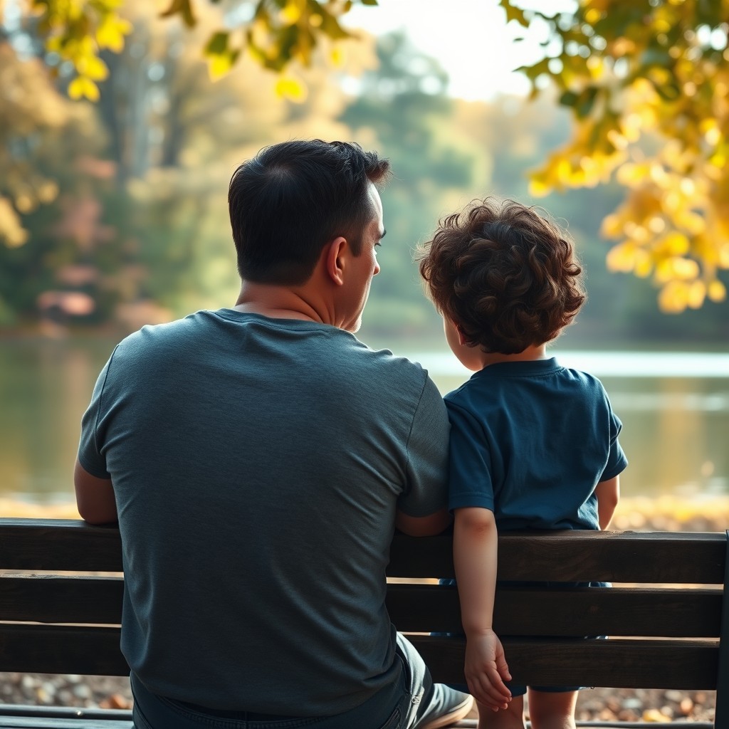 A somber yet heartfelt scene depicting a man and his young son sitting together on a park bench, reflecting on their loss