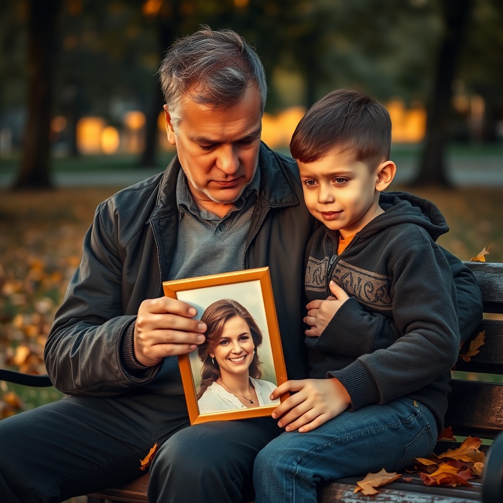 A deeply emotional and poignant scene featuring a man and his son who are in mourning after the loss of their beloved wife and mother