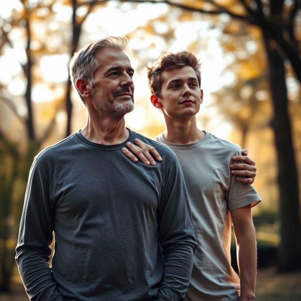A touching scene depicting a man and his son standing together, sharing a heartfelt moment of loss after the passing of the man's wife