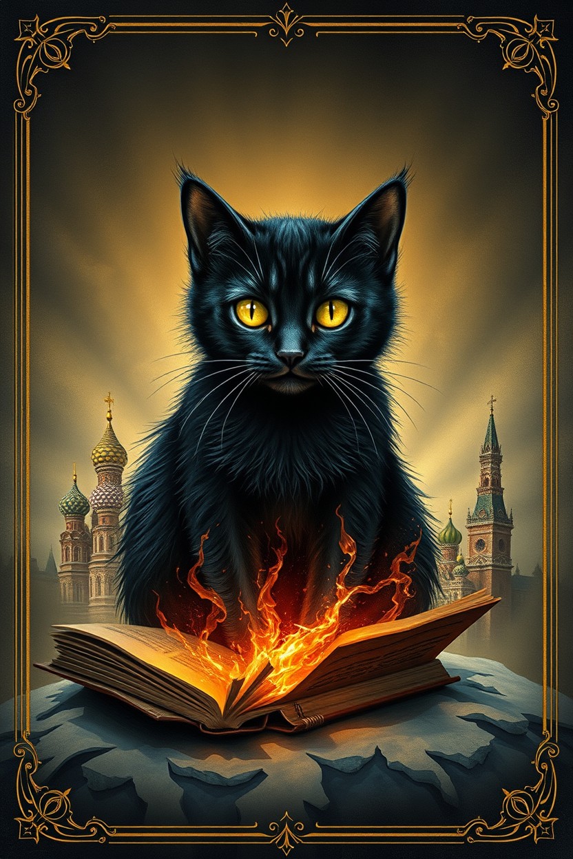 Обложка для книги 'Мастер и Маргарита' Михаила Булгакова в стиле мистического реализма, изображающая черного кота Бегемота с яркими желтыми глазами, который стоит на фоне горящей рукописи