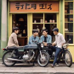 A group of friends chatting in front of a quaint tea shop, with a motorbike parked nearby