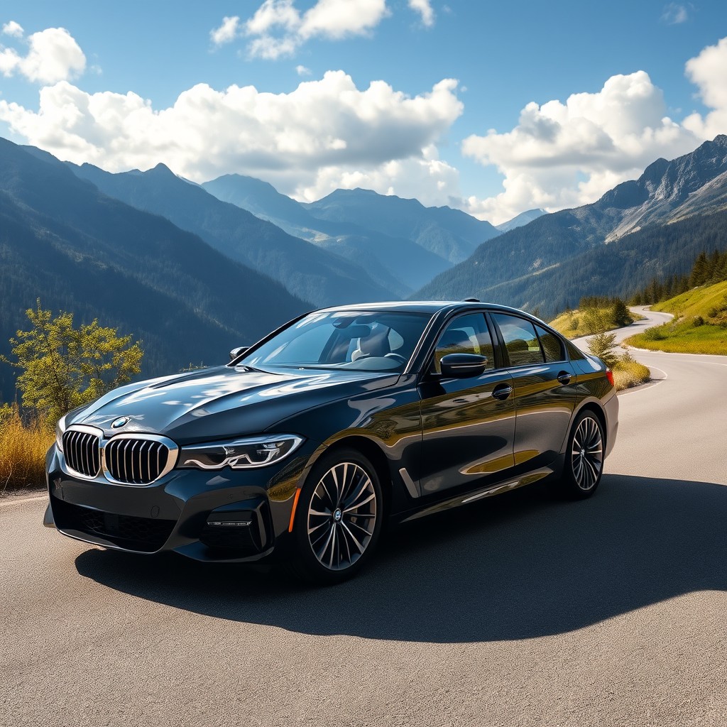 A sleek, modern BMW car parked on a picturesque winding road, surrounded by majestic mountains and lush greenery