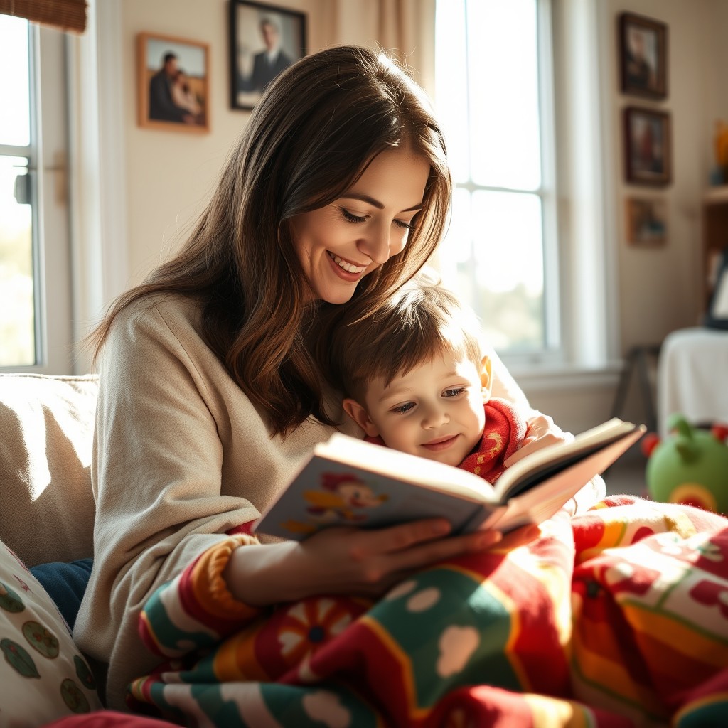 A warm and loving scene between a mother and her son, sitting together in a cozy living room