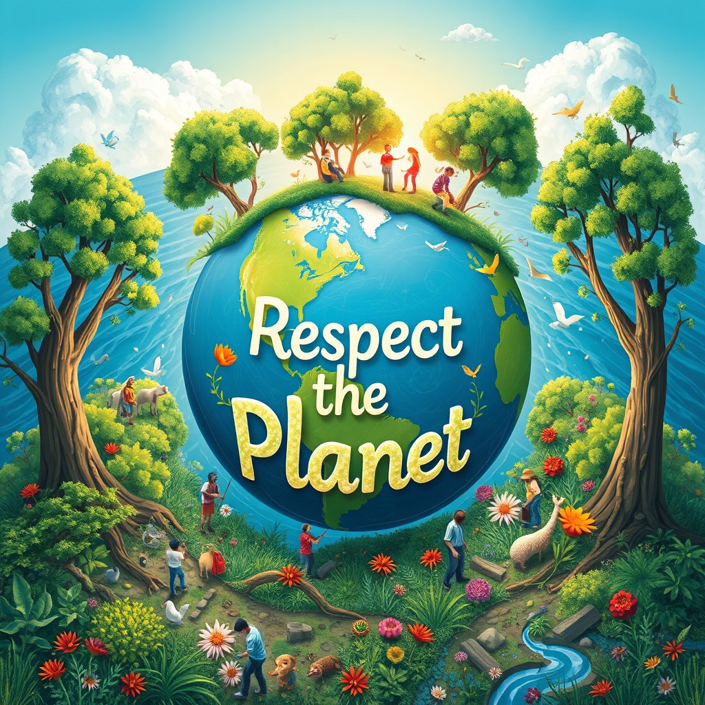 A peaceful and vibrant illustration of Earth surrounded by lush greenery, blue oceans, and diverse wildlife