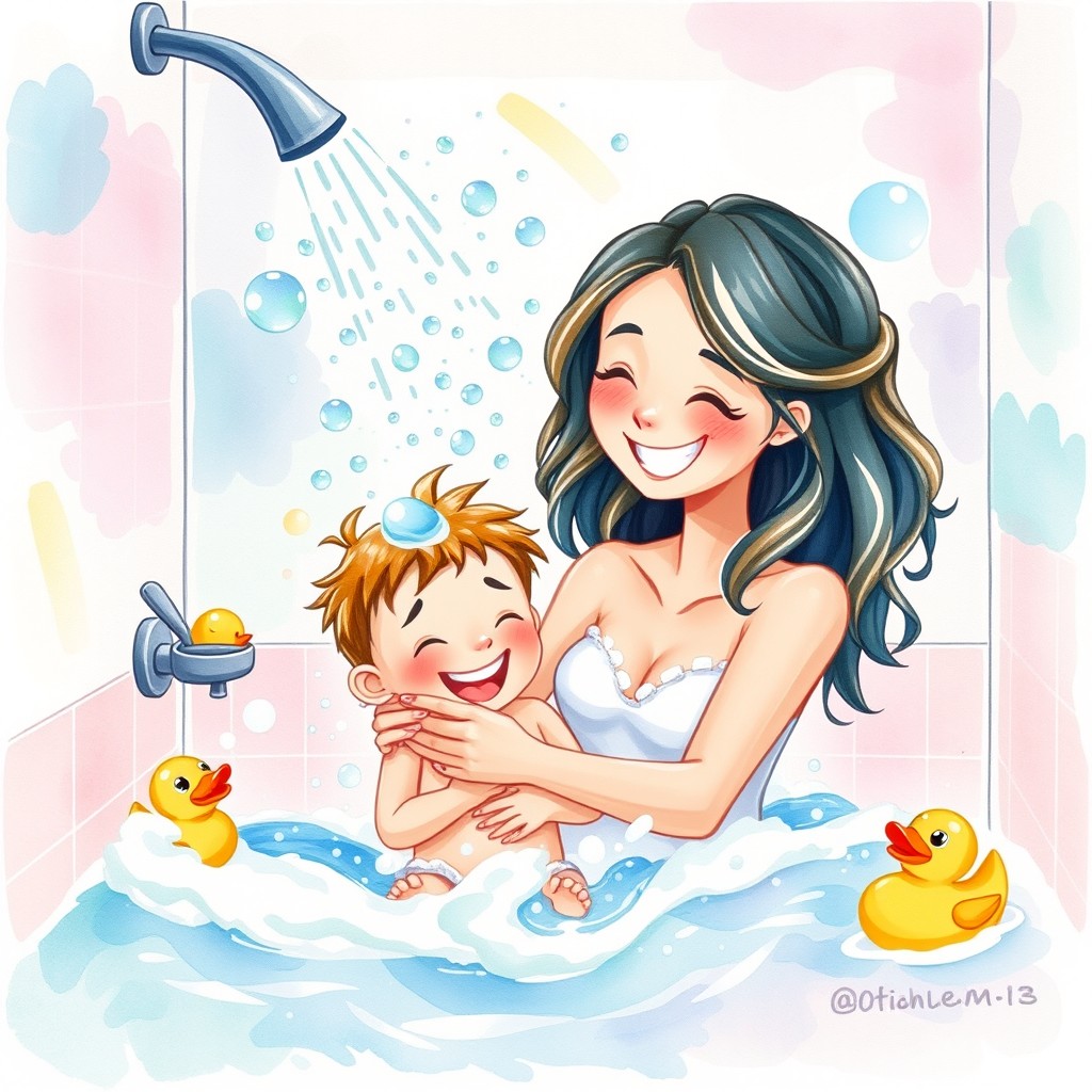 A playful and tender watercolor illustration of a mother and her young son enjoying a fun moment in a bathroom, splashing around in a shower with colorful bubbles and foam