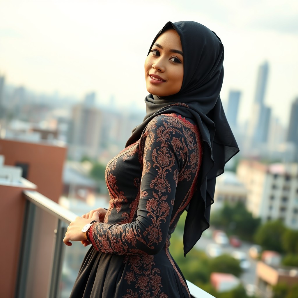 A fashionable young woman wearing a stylish hijab, showcasing an elegant dress that beautifully hugs her curves