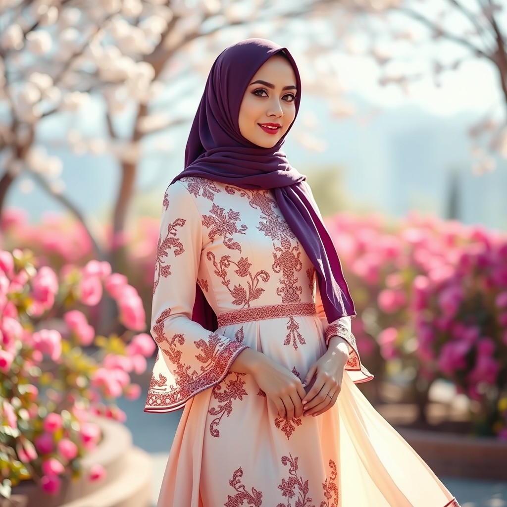 A fashionable woman wearing a stylish hijab and a beautifully designed dress that accentuates her figure
