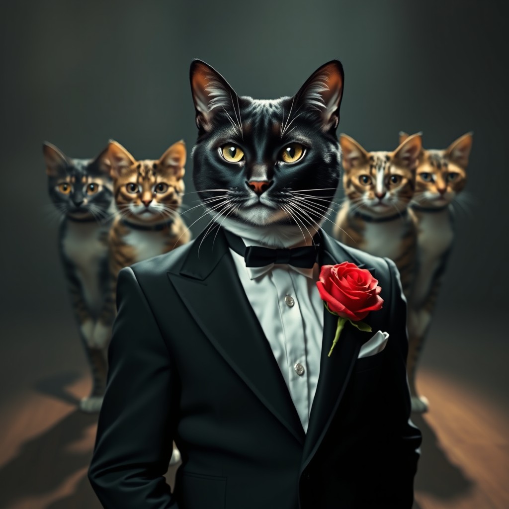 A sleek black and white cat in a sharp black suit, adorned with a vibrant red rose in the lapel