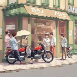 A group of friends chatting in front of a quaint tea shop, with a motorbike parked nearby