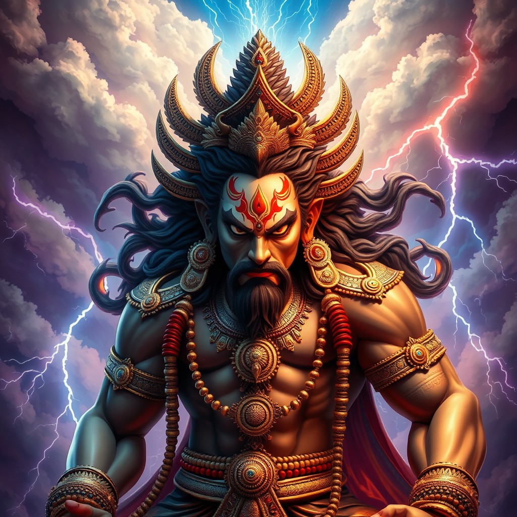 A stunning, powerful deity named Rudra with a robust physique, adorned in intricate traditional jewelry and elaborate clothing inspired by ancient Indian culture