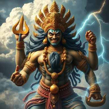 A stunning, powerful deity named Rudra with a robust physique, adorned ...
