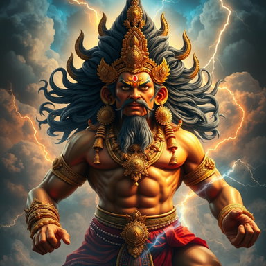 A stunning, powerful deity named Rudra with a robust physique, adorned ...