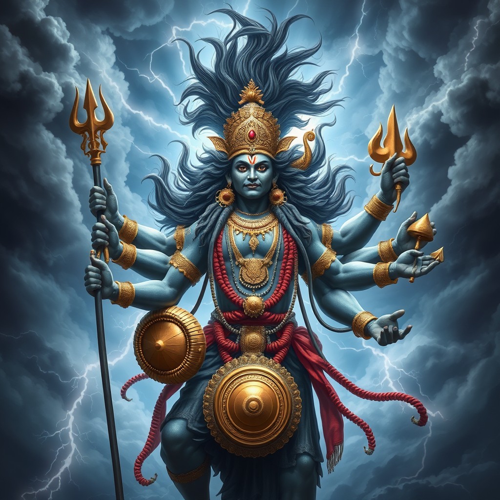 A powerful and majestic figure representing Rudra, the storm god from Hindu mythology