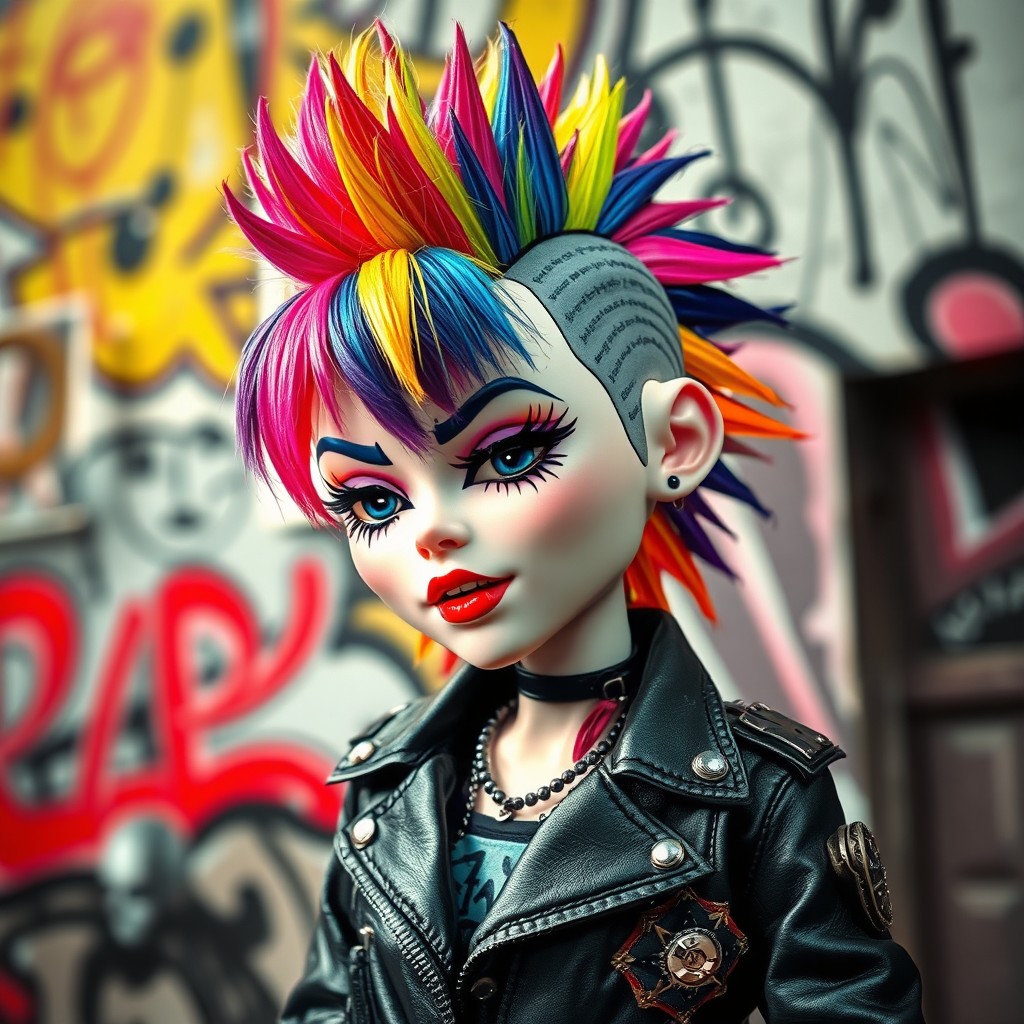 A realistic photo of a punk-inspired doll with vibrant colors and edgy features